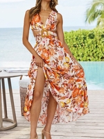 Women Floral Summer Vacation No Elasticity Daily Loose Sleeveless Buckle No Dresses