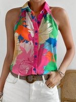 Women Floral Summer Vacation Polyester Lightweight Loose Regular Shirt Collar RAT Blouses