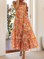 Women Floral Summer Vacation Polyester Square neck Loose Maxi Gallus Regular Dresses