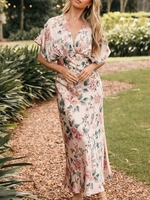Women Floral Summer Vacation Polyester V neck Natural Maxi A-Line No Dresses