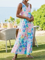 Women Floral Summer Vacation V neck Natural Loose Sleeveless A-Line Regular Dresses