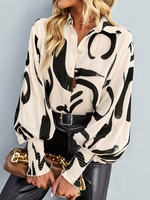 Women Geometric Casual Spring/Fall Polyester Loose Long Sleeve Regular H-Line Shirt Collar Blouses
