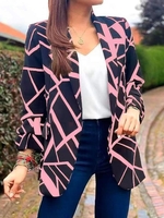 Women Geometric Casual Spring/Fall Polyester Natural No Elasticity Daily Long Sleeve Regular Blazers