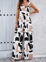 Women Geometric Casual Summer Natural Sleeveless Cold Shoulder Long H-Line Regular Jumpsuits