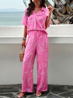 Women Geometric Casual Summer Polyester No Elasticity Daily Loose Short Sleeve H-Line Two-Piece Sets