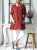 Women Linen Causal Tops Solid Crew Neck Short Sleeve Simple Blouse