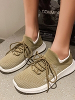 Women Plain Sports All Season Sports & Outdoor Flat Heel Pointed Toe Mesh Fabric Lace-Up Fly Woven Shoes Flyknit Sneakers