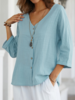 Women Plain Spring/Fall Linen No Elasticity Daily Loose Three Quarter Regular H-Line Blouses