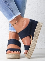 Women Plain Summer Vacation High Heel Open-Top Denim Braided Espadrille Sandals Non-Slip Sandals