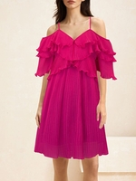 Women Plain Summer Vacation Pleated Natural Micro-Elasticity Short Gallus Regular Dresses