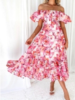 Women Plants Casual Summer Polyester Daily Boat Neck A-Line Regular No Dresses