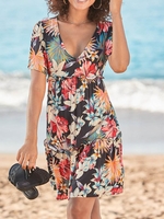 Women Plants Summer Vacation Polyester Micro-Elasticity Loose Mid Waist Short sleeve Crew Neck Dresses