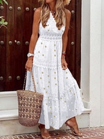 Women Polka Dots Casual Summer V neck Natural No Elasticity Vacation Lace Regular Dresses