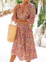 Women Spring/Fall Vacation Disty Floral V neck Natural No Elasticity Midi Regular SV Dresses
