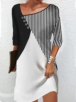 Women Striped Casual Autumn Lightweight Micro-Elasticity Loose Jersey A-Line Regular Size Tunic Dresses