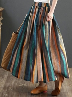 Women Striped Casual Spring/Fall Cotton Natural Daily Loose Maxi Regular Skirts