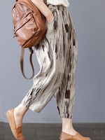 Women Striped Casual Spring/Fall Cotton Natural No Elasticity Vacation Loose Regular Pants