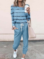 Women Striped Casual Spring/Fall Daily Loose Long Sleeve Crew Neck H-Line Regular Two-Piece Sets