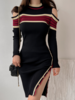 Women Striped Casual Spring/Fall High Waist Heavyweight Daily Midi Long Sleeve Crew Neck Dresses