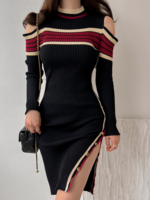 Women Striped Casual Spring/Fall High Waist Heavyweight Daily Midi Long Sleeve Crew Neck Dresses