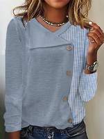 Women Striped Casual Spring/Fall Polyester Daily Loose Shawl Collar Regular H-Line T-shirts