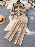 Women Striped Casual Spring/Fall Spandex Zipper Loose Long Sleeve H-Line Regular Two-Piece Sets