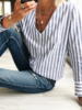 Women Striped Casual Spring/Fall V neck Daily Loose Standard Long sleeve H-Line Blouses