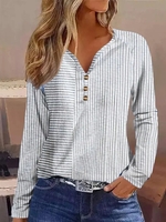 Women Striped Casual Spring/Fall V neck No Elasticity Daily H-Line Regular NL T-shirts