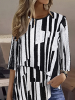 Women Striped Casual Summer Cotton Daily Loose Crew Neck Regular Regular Blouses