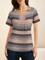 Women Striped Casual Summer Cotton Daily Loose Short Sleeve Crew Neck Regular T-shirts