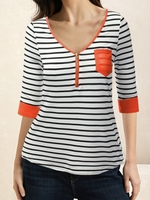 Women Striped Casual Summer Cotton Vacation Loose Half Sleeve Regular H-Line Blouses