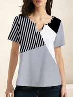 Women Striped Casual Summer Natural Micro-Elasticity Daily Loose Notched Regular T-shirts