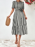 Women Striped Casual Summer Natural Regular Fit Midi A-Line Regular No Dresses