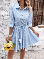 Women Striped Casual Summer No Elasticity Daily Loose Half Sleeve H-Line Shirt Collar Dresses