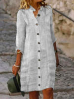Women Striped Casual Summer Polyester Natural Daily Regular Shirt Dress Shirt Collar Dresses