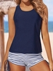 Women Striped Casual Summer Polyester Printing Wireless Non-adjusted Straps Tankini Regular Tankinis