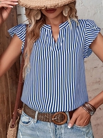 Women Striped Casual Summer Polyester V neck No Elasticity Regular Fit Short Sleeve H-Line Shirts