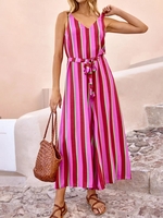 Women Striped Casual Summer Polyester V neck Vacation Loose Ankle Pants Regular Jumpsuits