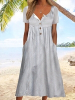 Women Striped Summer Vacation Natural Midi Short sleeve Notched Buckle AA Dresses