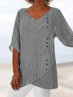 Women Striped Summer Vacation Polyester V neck Daily Loose Regular SV Shirts