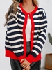 Women Striped Vintage Spring/Fall Acrylic Micro-Elasticity Party Regular Fit Long Sleeve Crew Neck Cardigans