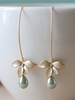 Women Stud Orchid Flower Sage Green Pearl Earring Hook Dangle Bridal