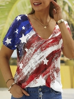 Women Summer Casual America Flag V neck Daily Short sleeve H-Line Regular Independence Day T-shirts