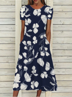 Women Summer Casual Floral Pattern Natural Midi Crew Neck A-Line Regular NL Dresses