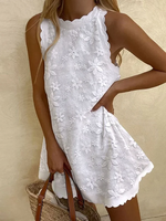 Women Summer Linen Floral Pattern Natural Micro-Elasticity Loose Lace Sleeveless Vacation Dresses