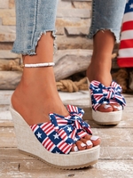 Women Summer Party America Flag Printing Holiday High Heel Pu Wedge Sandals Rubber Wedge Sandals