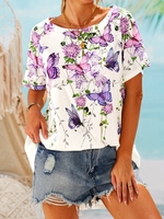Women Summer Vacation Floral Pattern Micro-Elasticity Jersey Non-Convertible Straps Pullover Standard Regular T-shirts