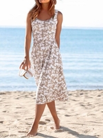Women Summer Vacation Floral Pattern Midi High Waist Regular Vacation Medium Elasticity VAC Dresses