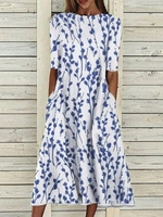 Women Summer Vacation Floral Pattern Natural Micro-Elasticity Crew Neck Vacation VAC No Dresses