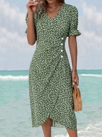 Women Summer Vacation Floral Pattern V neck Natural No Elasticity Buckle VAC No Dresses